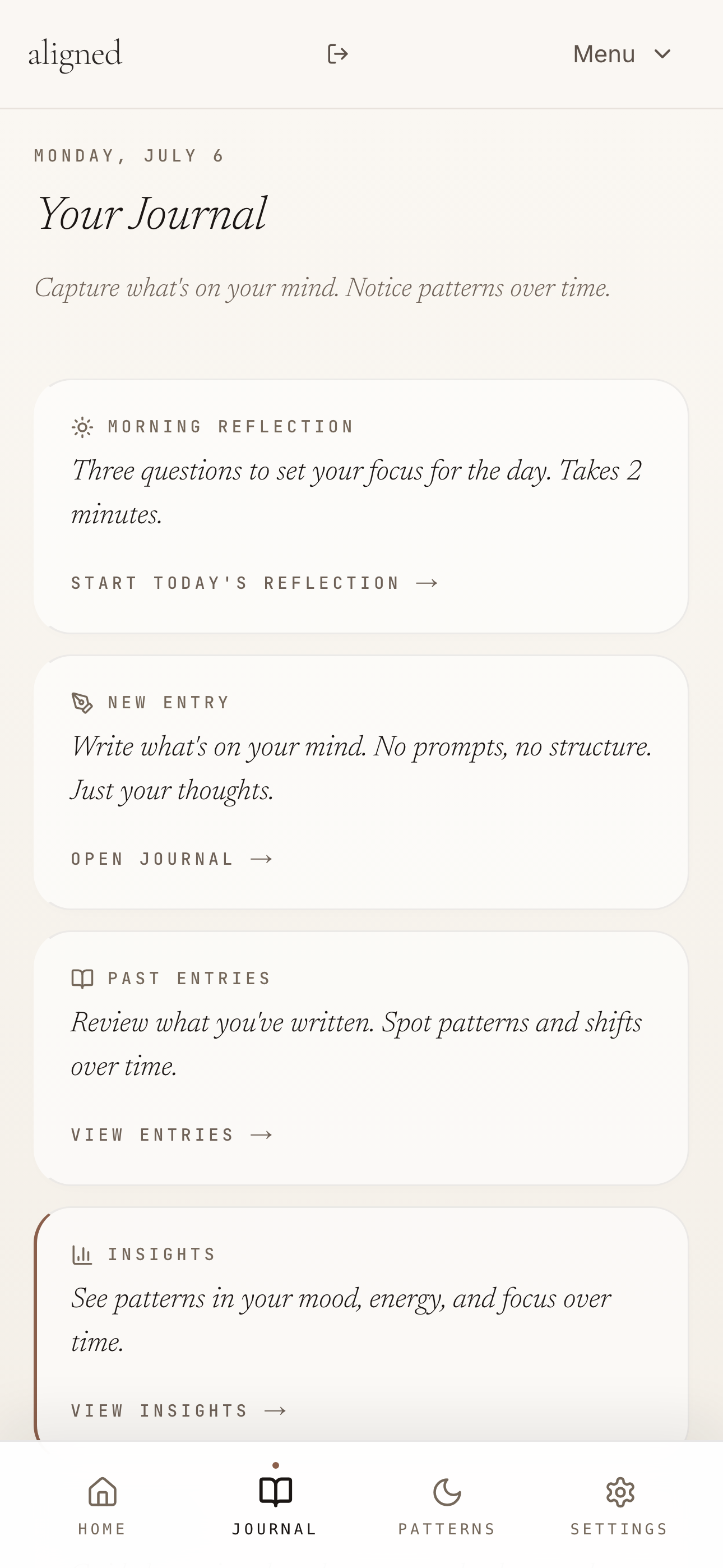 The Aligned journal screen, showing morning reflection, new entry, past entries and insights